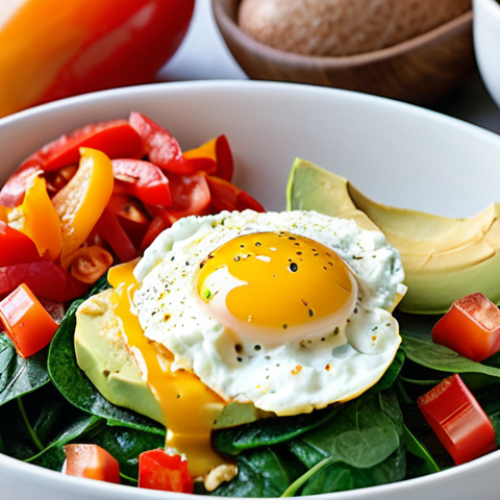 Home 7 The Energizing Start**
A high-quality, vibrant food photograph showcasing a meticulously prepared high-protein, low-fat breakfast. The main elements are fluffy scrambled eggs infused with fresh spinach and bell peppers, accompanied by perfectly sliced ripe avocado. The setting is bright and clean, bathed in soft, natural morning light, suggesting a calm and energizing start to the day. Focus on the freshness of ingredients and an inviting composition that highlights vitality.
**