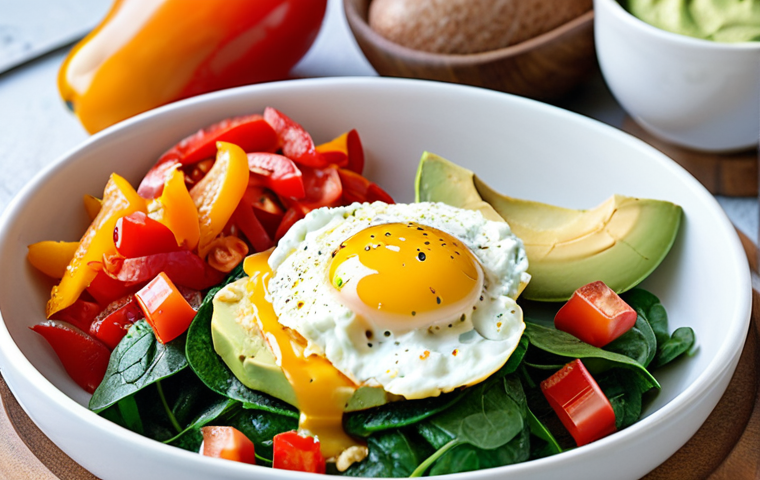 The Energizing Start**
A high-quality, vibrant food photograph showcasing a meticulously prepared high-protein, low-fat breakfast. The main elements are fluffy scrambled eggs infused with fresh spinach and bell peppers, accompanied by perfectly sliced ripe avocado. The setting is bright and clean, bathed in soft, natural morning light, suggesting a calm and energizing start to the day. Focus on the freshness of ingredients and an inviting composition that highlights vitality.

**