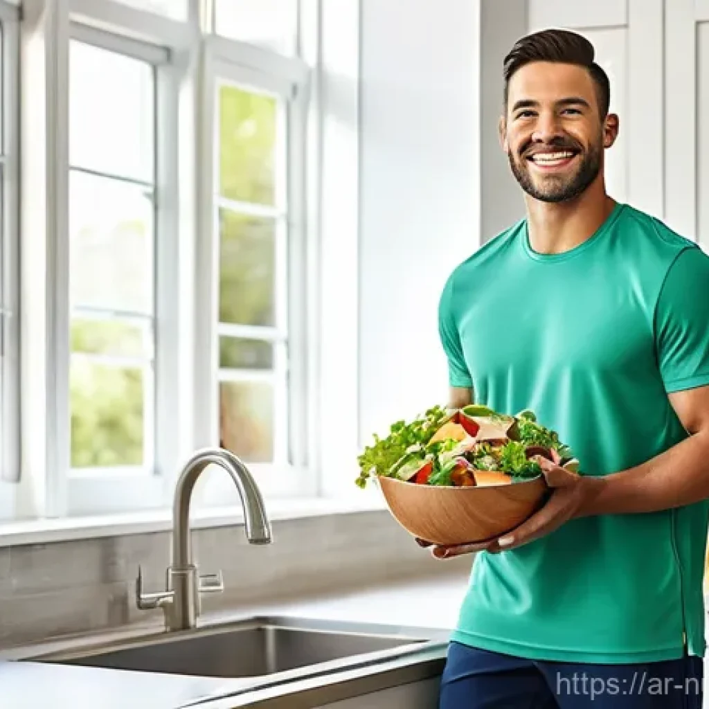 고단백 저지방 식단의 초기 도전과 극복 방법 - **Prompt 1: "A radiant and energetic young man in his late 20s, with a genuine smile, stands confide...