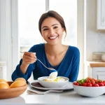 고단백 저지방 식단의 트렌드와 전망 - **Vibrant High-Protein Breakfast Scene:** A bright and inviting image of a young adult (20-25 years ...