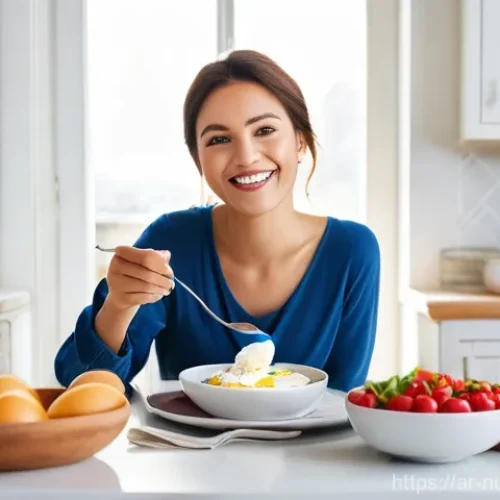고단백 저지방 식단의 트렌드와 전망 - **Vibrant High-Protein Breakfast Scene:** A bright and inviting image of a young adult (20-25 years ...