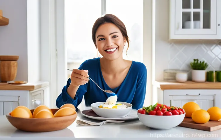 고단백 저지방 식단의 트렌드와 전망 - **Vibrant High-Protein Breakfast Scene:** A bright and inviting image of a young adult (20-25 years ...