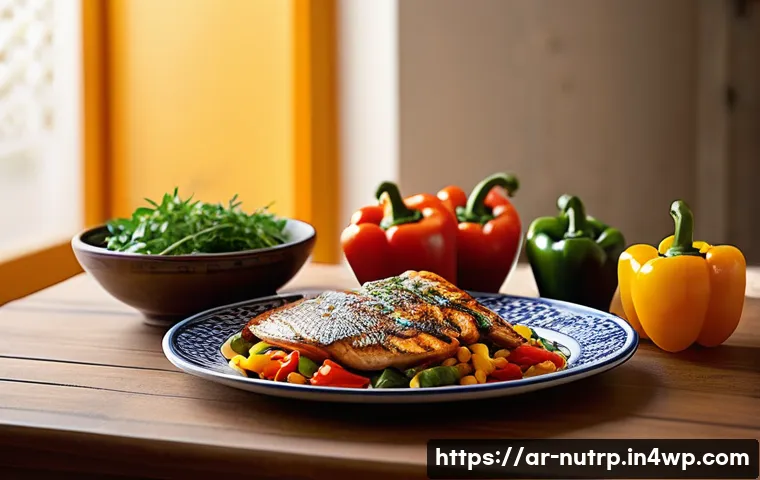 고단백 저지방 식단에서 섭취하는 고기 종류 - A vibrant Middle Eastern kitchen scene featuring a traditional wooden table set with healthy, low-fa...