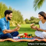 Home 20 고단백 저지방 식단의 피크닉 도시락 아이디어 - A vibrant outdoor picnic scene featuring a traditional Middle Eastern family enjoying healthy protei...
