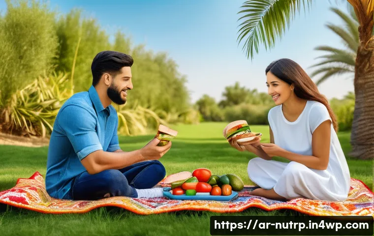 고단백 저지방 식단의 피크닉 도시락 아이디어 - A vibrant outdoor picnic scene featuring a traditional Middle Eastern family enjoying healthy protei...
