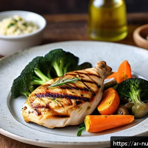 Home 31 고단백 저지방 식단을 위한 간편 레시피 - A vibrant and appetizing grilled chicken breast dish served on a traditional Middle Eastern ceramic ...