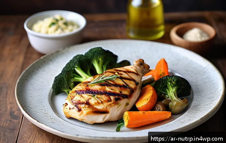 고단백 저지방 식단을 위한 간편 레시피 - A vibrant and appetizing grilled chicken breast dish served on a traditional Middle Eastern ceramic ...