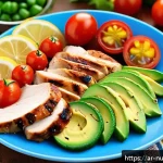 Home 18 고단백 저지방 식단의 식사 준비 방법 - A vibrant and appetizing quinoa salad bowl featuring grilled chicken breast slices, creamy mashed av...