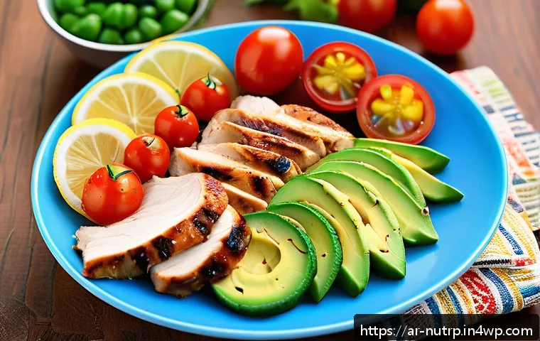 고단백 저지방 식단의 식사 준비 방법 - A vibrant and appetizing quinoa salad bowl featuring grilled chicken breast slices, creamy mashed av...