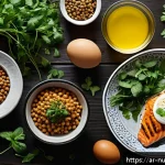 Home 23 고단백 저지방 식단의 영양 가이드 - A vibrant Middle Eastern kitchen scene featuring a variety of high-protein, low-fat foods arranged o...