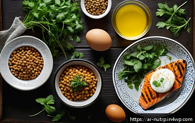 고단백 저지방 식단의 영양 가이드 - A vibrant Middle Eastern kitchen scene featuring a variety of high-protein, low-fat foods arranged o...