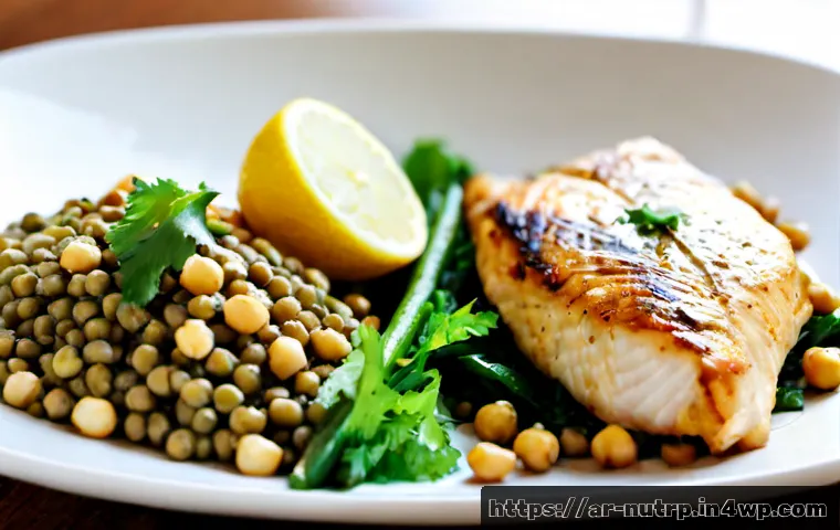고단백 저지방 식단과 면역력 증진 - Photorealistic high-protein low-fat meal on a clean modern Middle Eastern kitchen table: grilled ski...