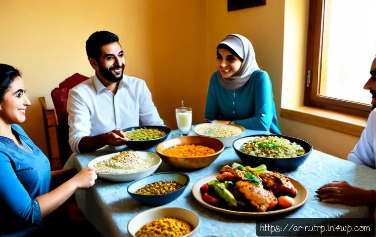 고단백 저지방 식단의 사회적 영향 - Photorealistic family dinner in a modern Arab home, multigenerational family sharing grilled chicken...