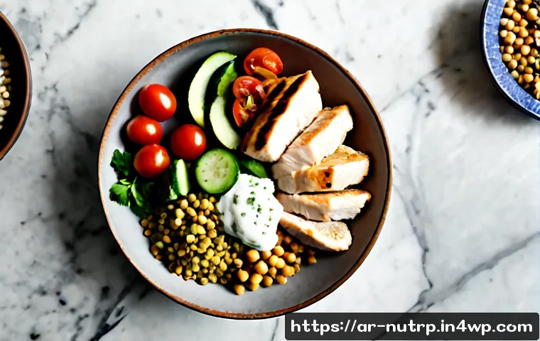 고단백 저지방 식단의 에너지 소비 분석 - Photorealistic overhead view of a high-protein low-fat Arabic-inspired meal on a clean marble kitche...