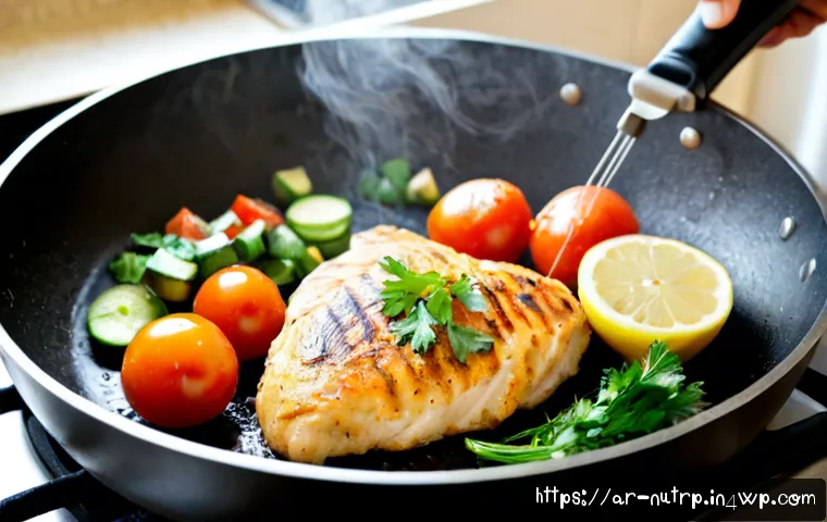 고단백 저지방 식단의 음식 조리 기법 - Photorealistic high-protein low-fat meal preparation in a bright modern Arab home kitchen, lean chic...