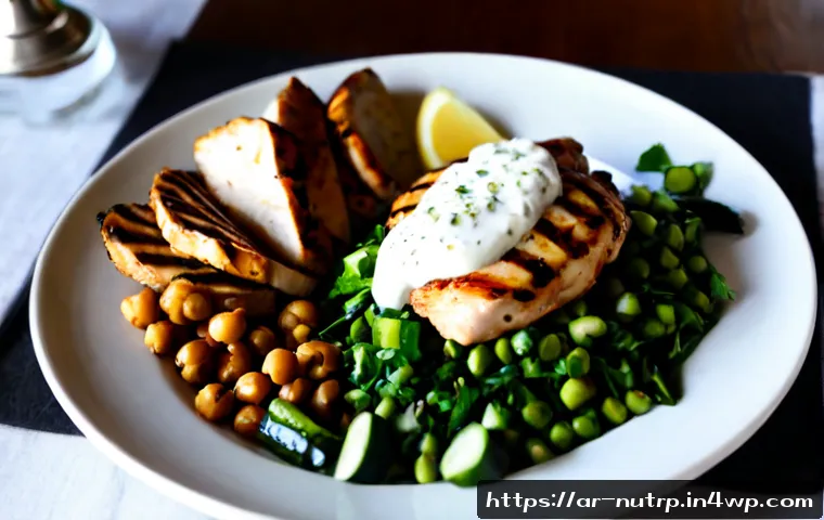 고단백 저지방 식단의 영양 성분 조합 - Photorealistic overhead view of a high-protein, low-fat meal on a warm Middle Eastern dining table: ...